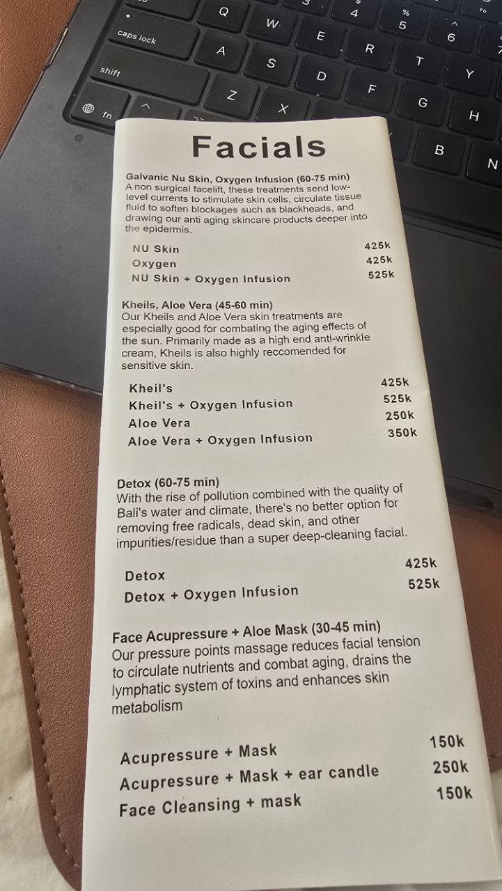 Original brochure with facial treatment prices